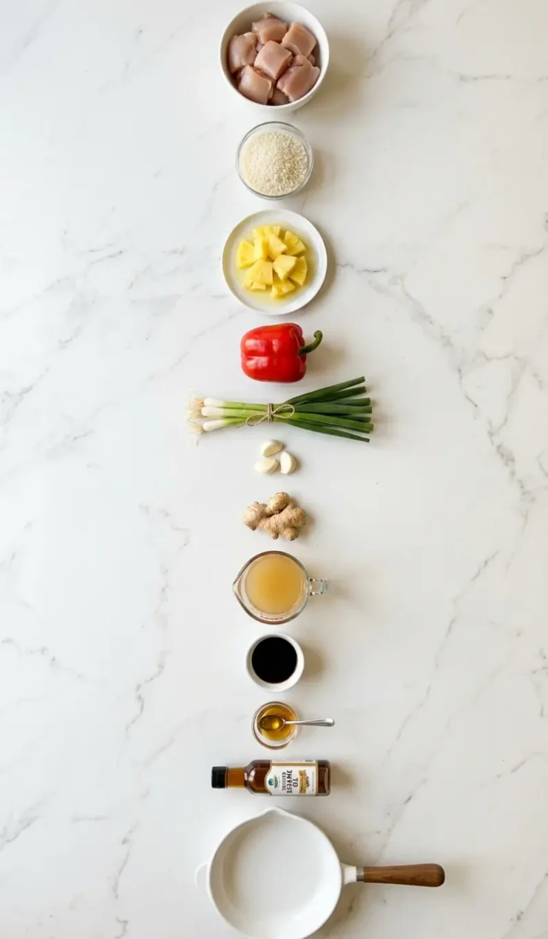 All 12 ingredients for Irresistible Pineapple Chicken and Rice arranged vertically on white marble