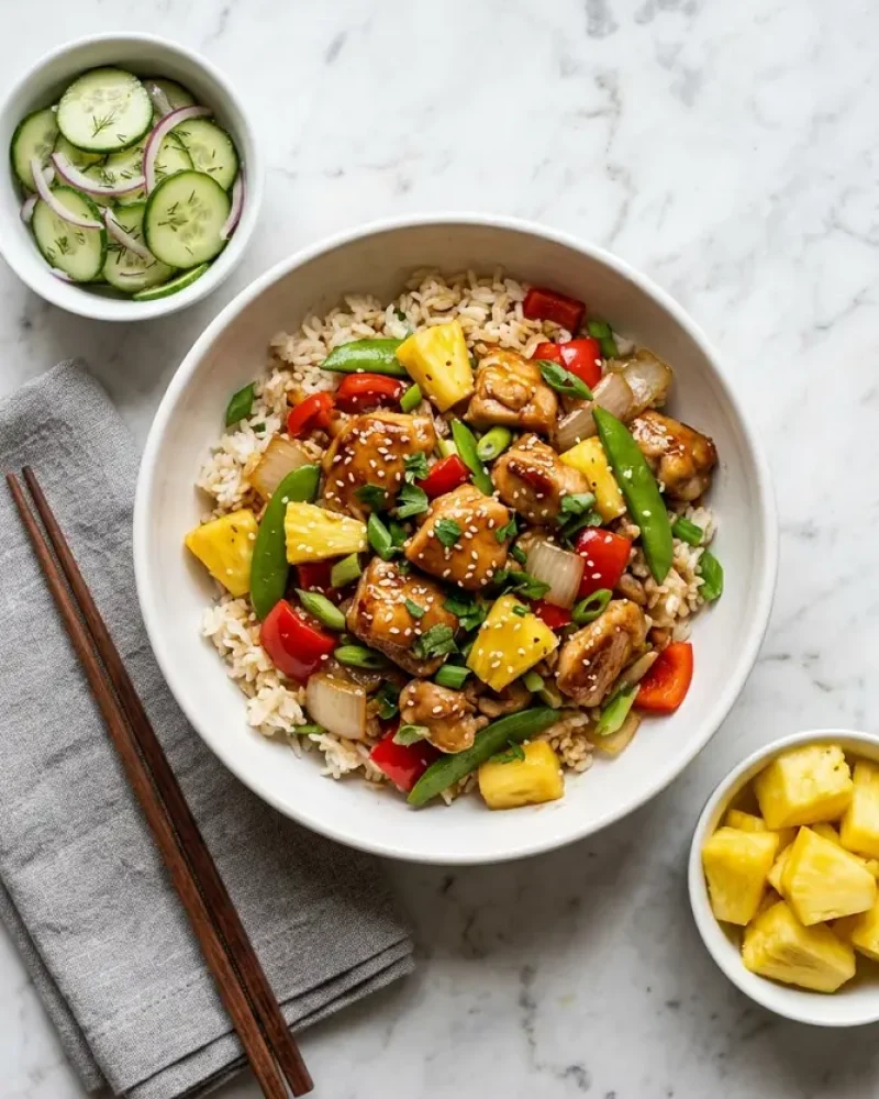 Overhead view of Irresistible Pineapple Chicken and Rice with cucumber salad sides