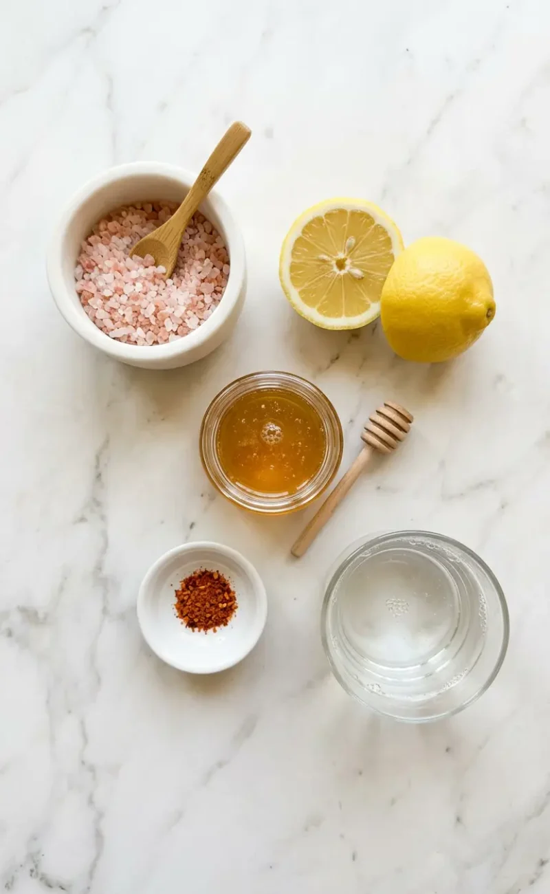 Overhead flatlay of all pink salt trick recipe ingredients in white bowls on white marble