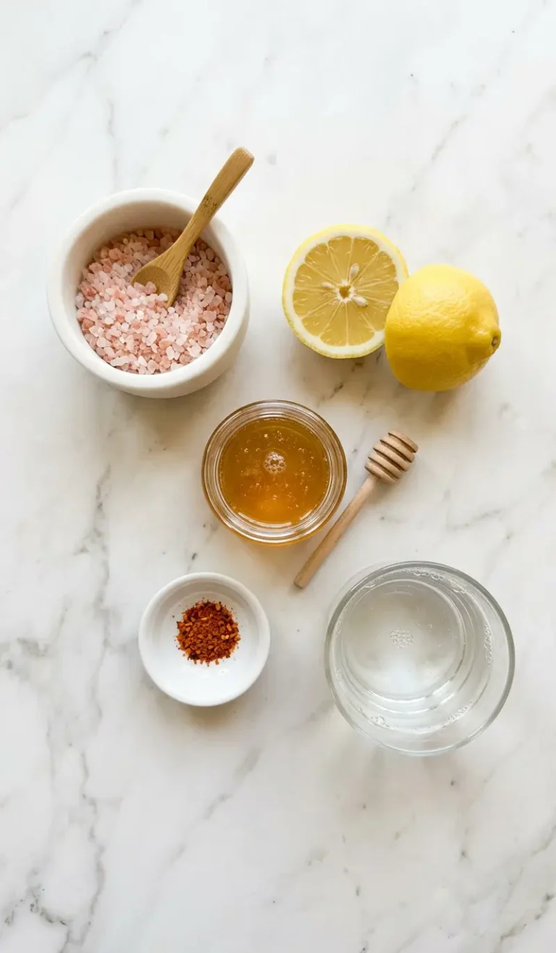 Overhead flatlay of all pink salt trick recipe ingredients in white bowls on white marble