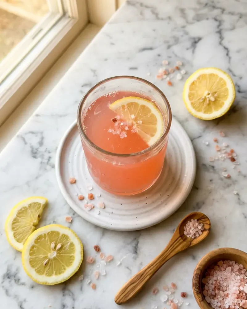 Overhead view of finished pink salt trick recipe drink with lemon slices and salt ready to serve