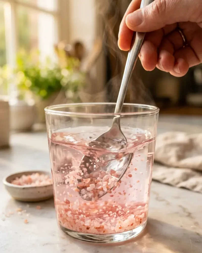 Stirring Himalayan pink salt into warm water during pink salt trick recipe preparation