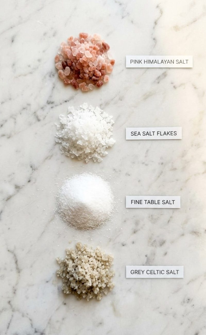 Overhead flatlay comparing pink salt sea salt table salt and Celtic salt textures
