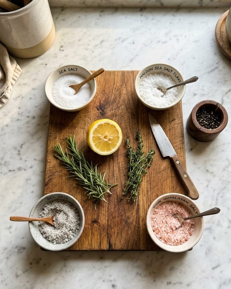 Overhead view of salt types with herbs and lemon on white marble kitchen counter