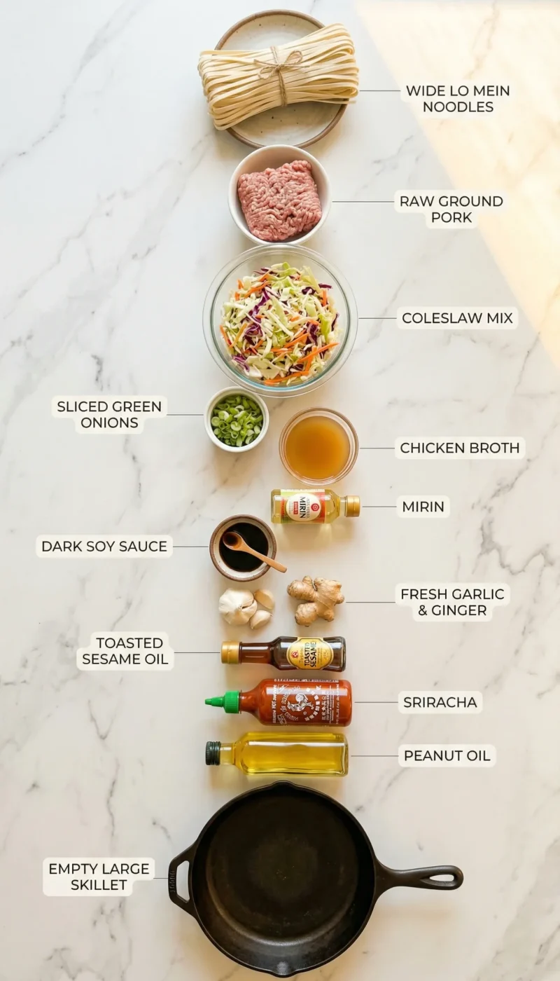 Overhead flat-lay of all 12 ingredients for potsticker noodle bowl on white marble including Lo Mein noodles, ground pork, and soy sauce.