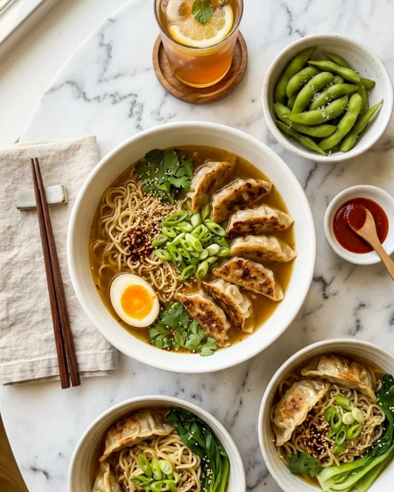 Overhead view of potsticker noodle bowl dinner spread with edamame, sriracha, and iced tea lemonade on white marble.