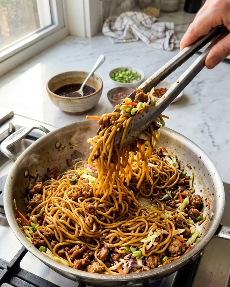 Tongs tossing Lo Mein noodles with ground pork and cabbage in a skillet with glossy soy-mirin sauce.