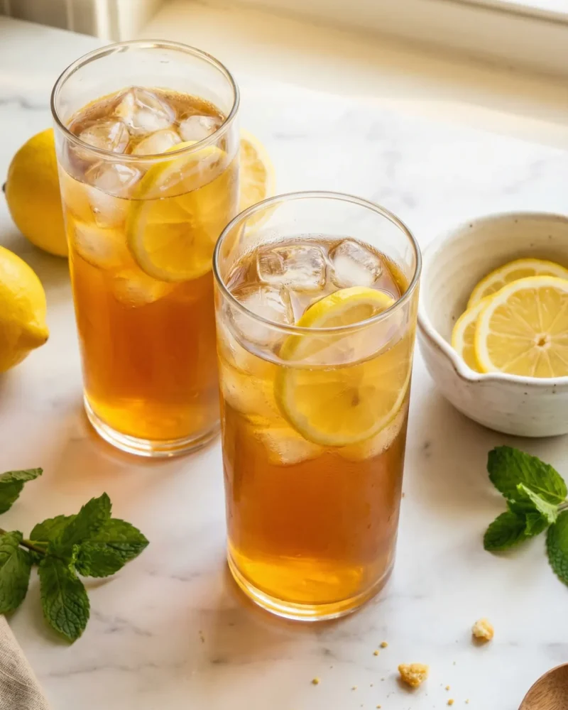Overhead flatlay of prebiotic iced tea lemonade ingredients including tea bags, lemons, and inulin powder on white marble