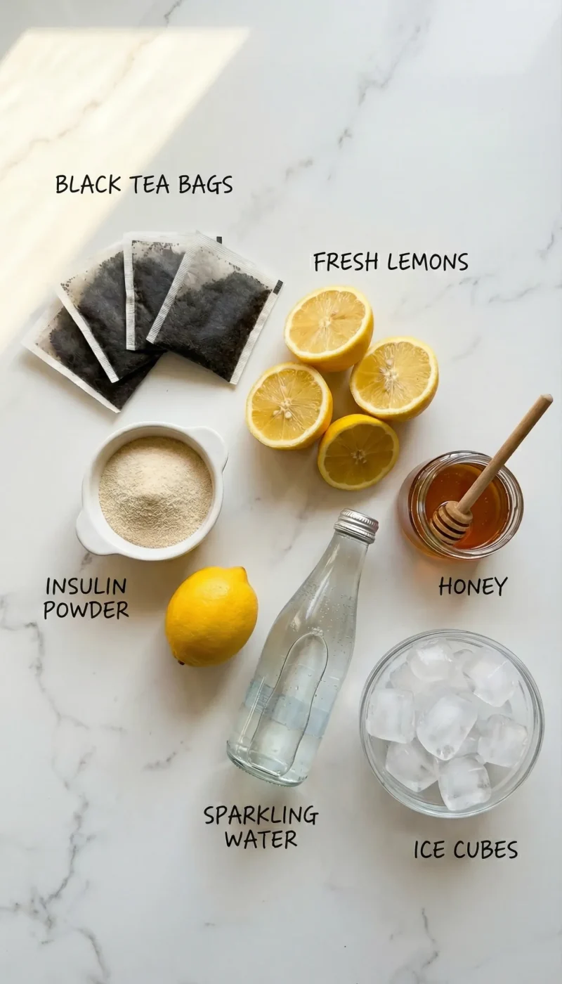 Tall glass of sparkling prebiotic iced tea lemonade on white marble close up vertical Pinterest image