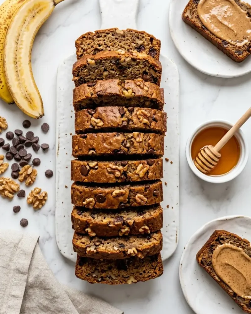 Overhead view of sliced protein-packed banana bread with almond butter and honey on white marble