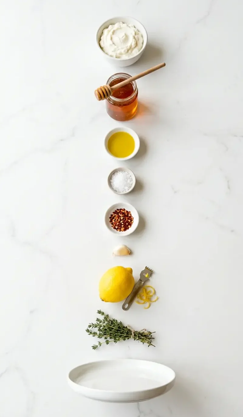 Exploded view of all 9 ingredients for ricotta dip with hot honey arranged vertically on white marble