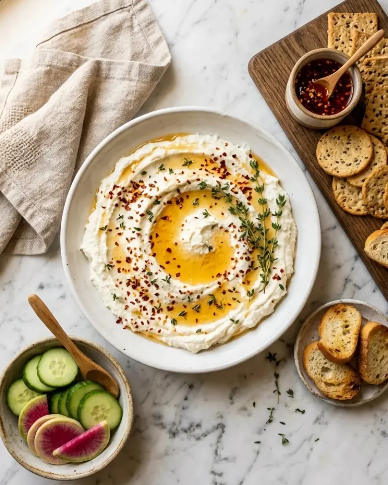 Overhead view of spicy ricotta dip with hot honey served with crackers and crudites