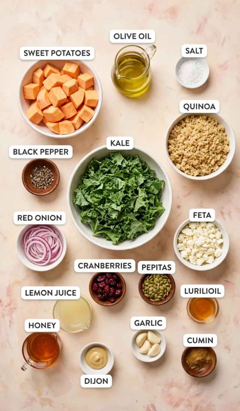 Labelled overhead flatlay of all 15 ingredients for roasted sweet potato kale and quinoa salad on cream plaster surface