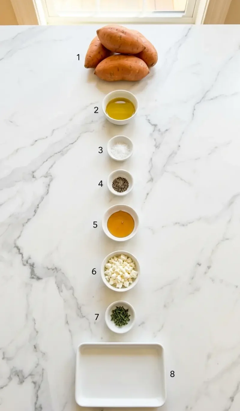 Exploded view of all 8 ingredients for roasted sweet potato rounds with honey and feta arranged vertically on white marble
