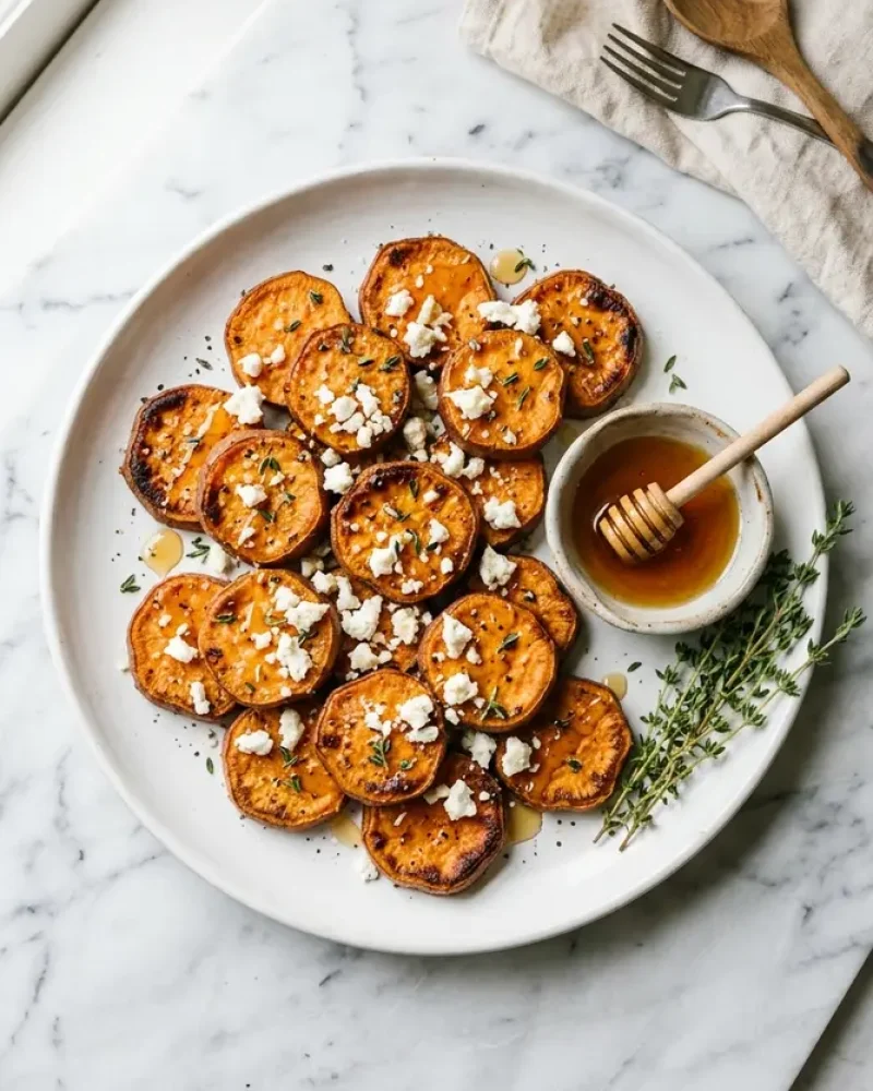 overhead view of roasted sweet potato rounds with honey and feta platter with extra honey and thyme