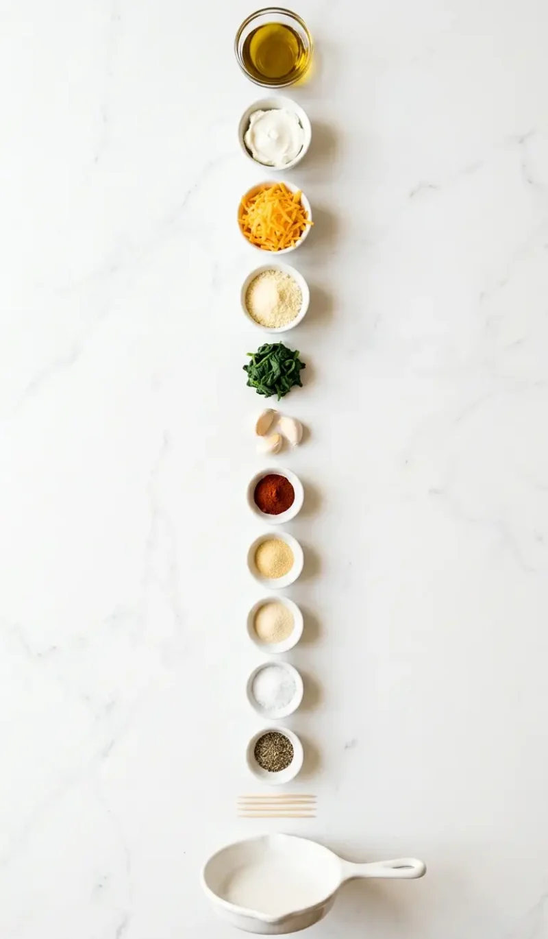 Exploded view of all 13 ingredients for Ruth's Chris stuffed chicken arranged vertically on white marble