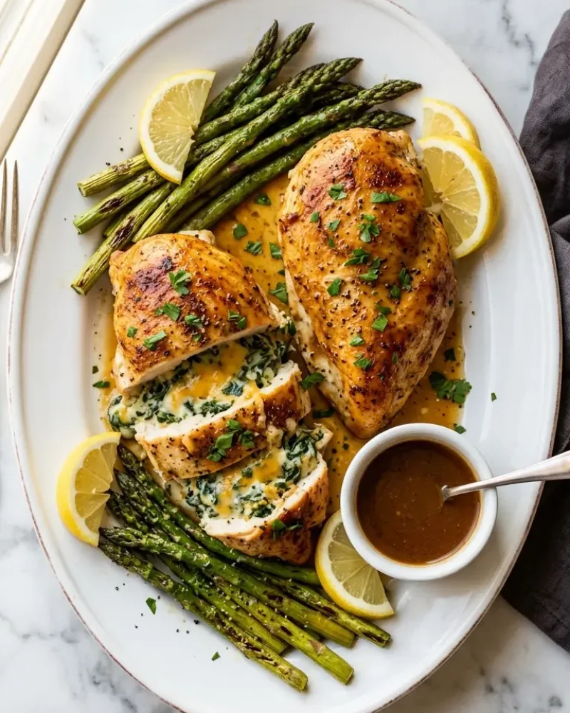 Overhead view of Ruth's Chris stuffed chicken on white platter with asparagus and lemon wedges