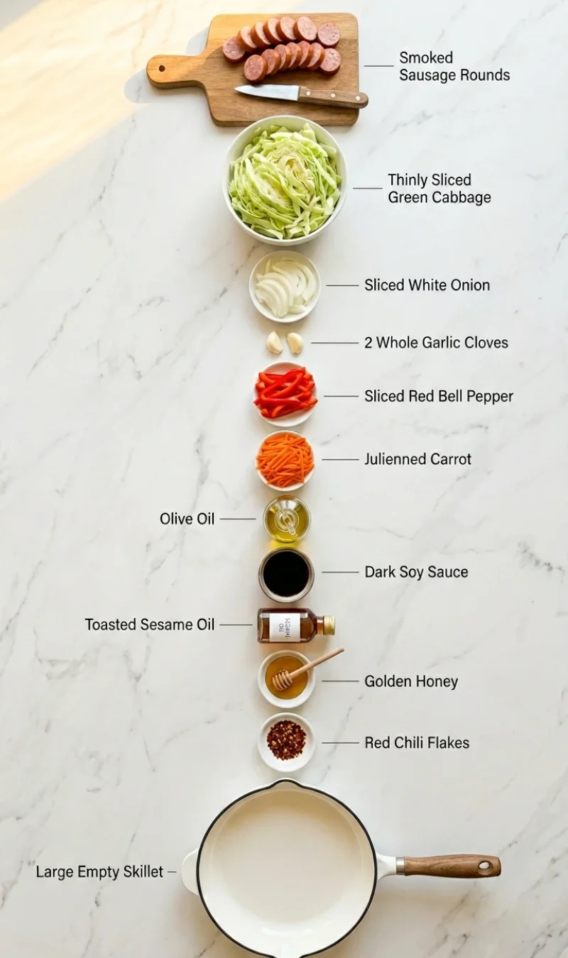 Overhead flat-lay of all 11 ingredients for sausage and cabbage stir fry on white marble including smoked sausage, cabbage, and soy sauce.