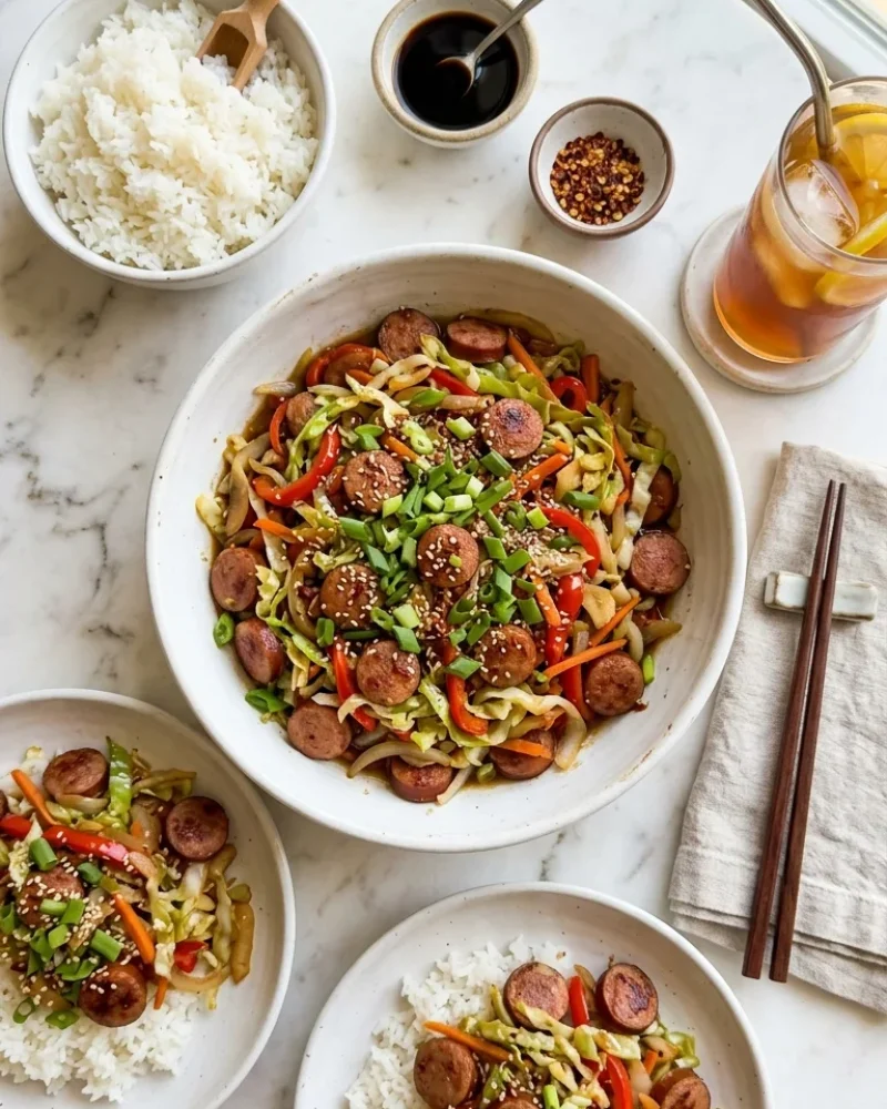 Overhead view of sausage and cabbage stir fry dinner spread with steamed rice, soy sauce, and chopsticks on white marble.