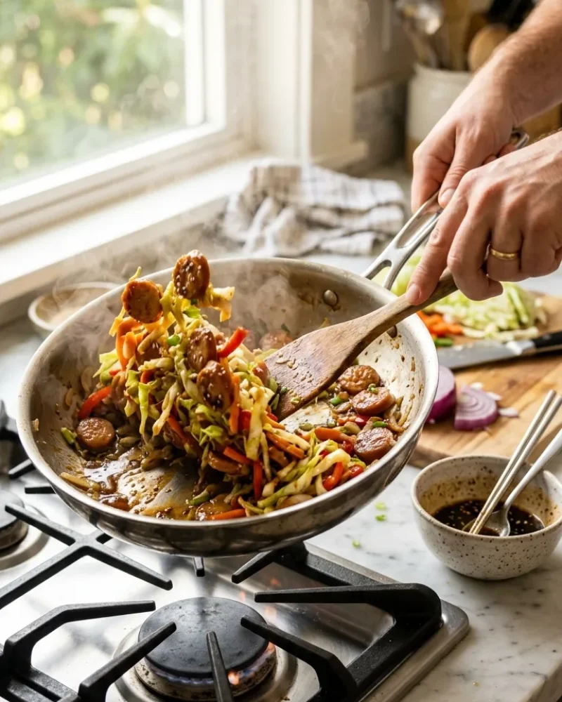 Hand tossing sausage and cabbage stir fry in a hot skillet with golden sausage, crispy cabbage, and soy sesame sauce.