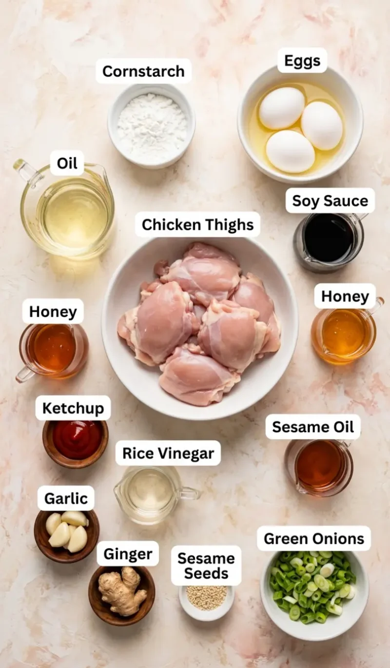 Labelled overhead flatlay of all 13 ingredients for sesame chicken on a cream and blush plaster surface, each ingredient named