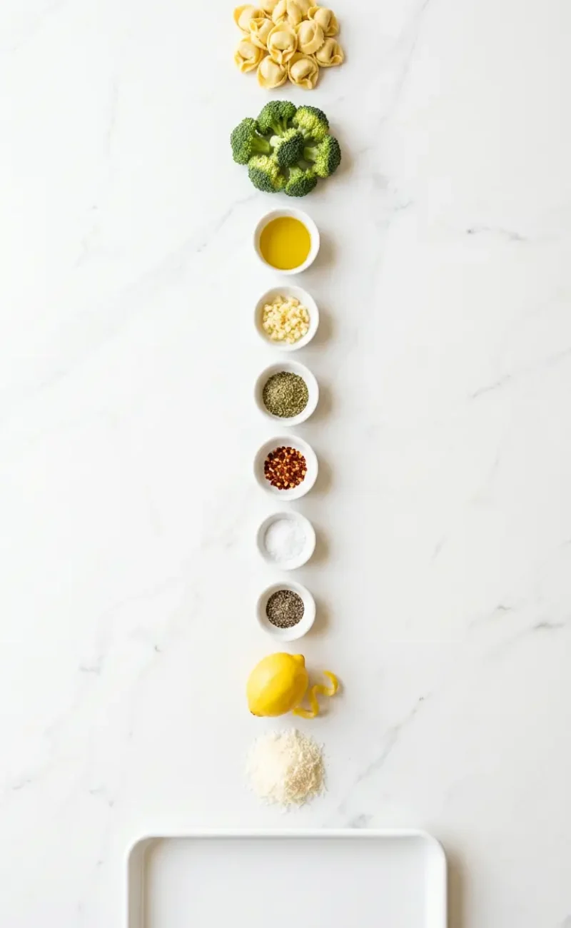 Exploded view of all 11 ingredients for sheet pan broccoli tortellini bake arranged vertically on white marble