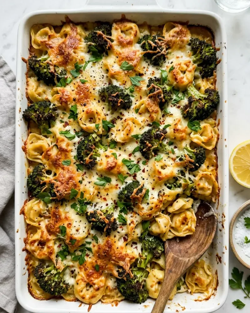 Overhead view of sheet pan broccoli tortellini bake with golden Parmesan and roasted broccoli ready to serve