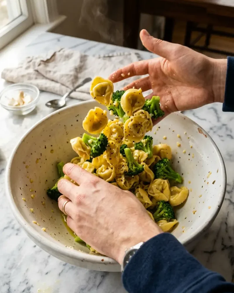 Tortellini and broccoli being tossed with olive oil and garlic in a large bowl during sheet pan broccoli tortellini bake preparation
