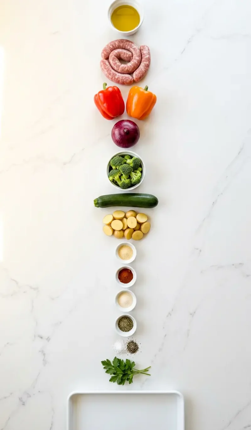 Exploded view of all 13 ingredients for sheet pan sausage and veggies arranged vertically on white marble