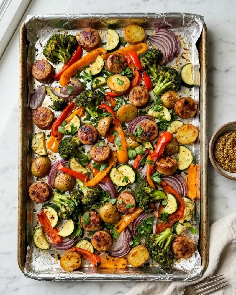 Overhead view of sheet pan sausage and veggies with roasted peppers, broccoli, and potatoes fresh from the oven