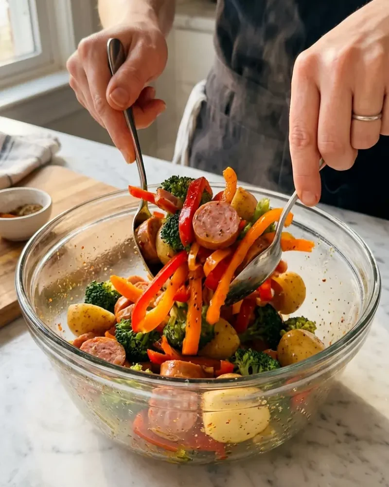 Hands tossing raw sausage and vegetables with olive oil and spices in a large mixing bowl