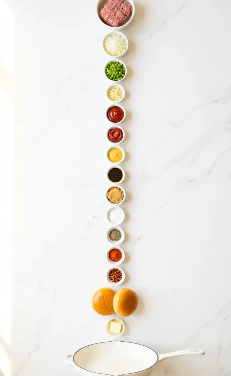 Exploded view of all 15 ingredients for sloppy joes recipe arranged vertically on white marble