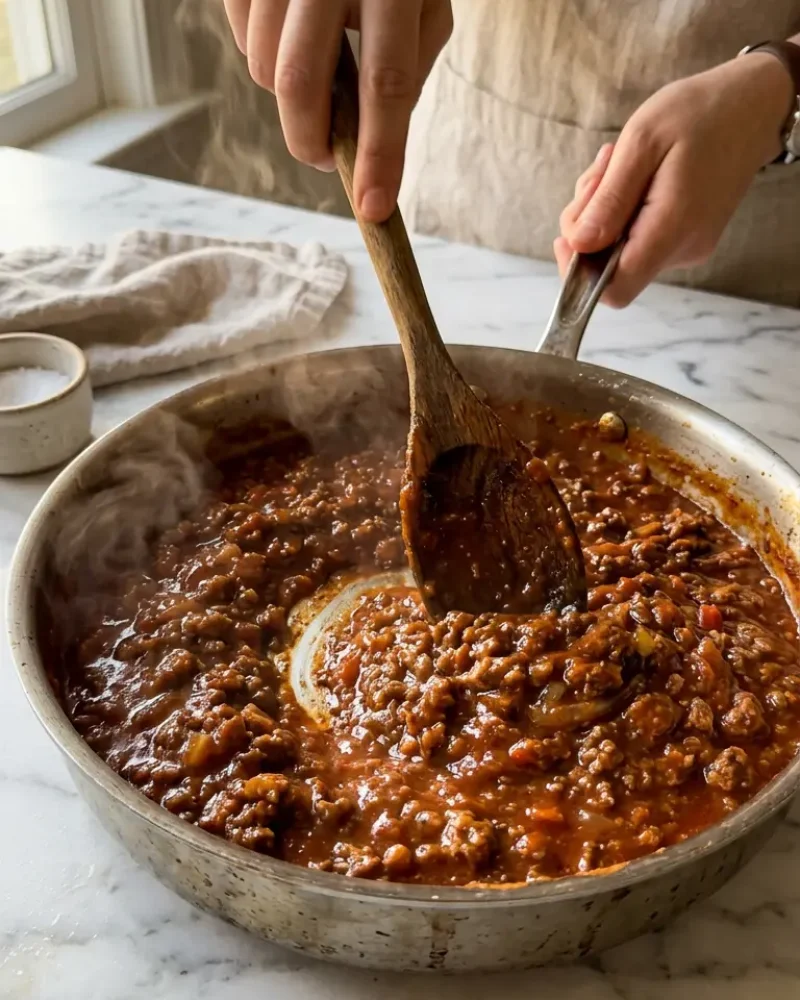 Sloppy joes filling being stirred in a skillet during cooking process