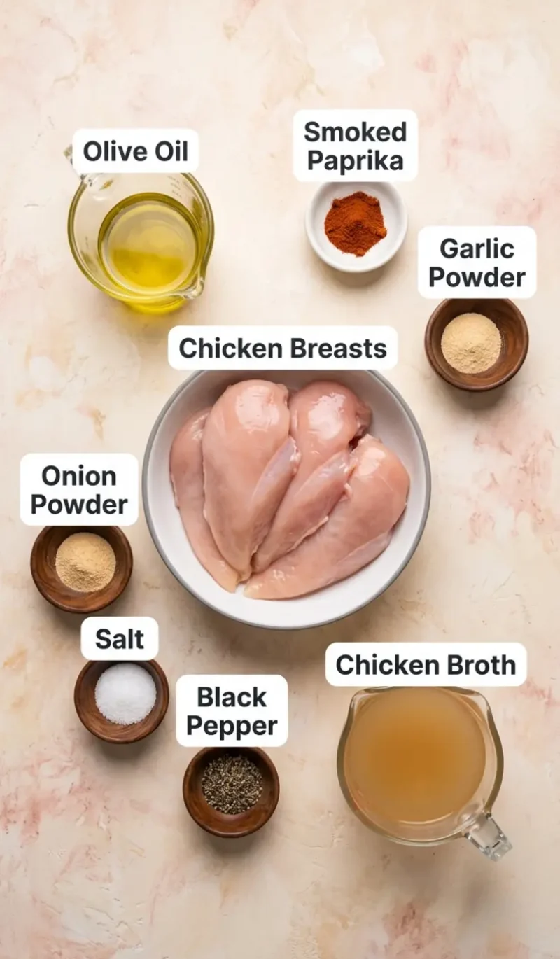 Labelled overhead flatlay of all 8 ingredients for slow cooker chicken breasts on a cream and blush plaster surface, each ingredient named