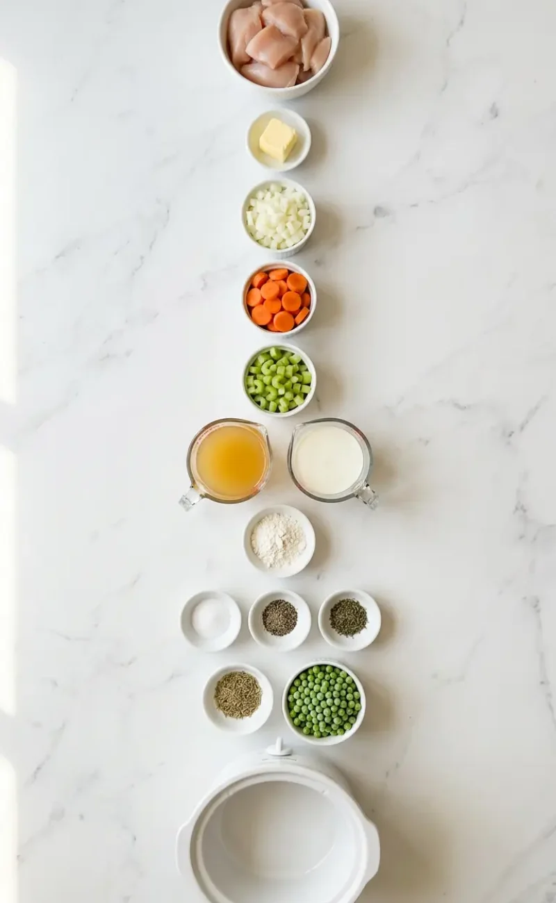 Exploded view of all 13 ingredients for slow cooker chicken pot pie arranged vertically on white marble