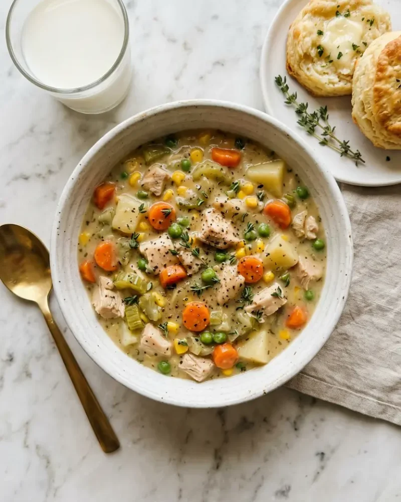 Overhead view of slow cooker chicken pot pie served in a bowl with biscuits