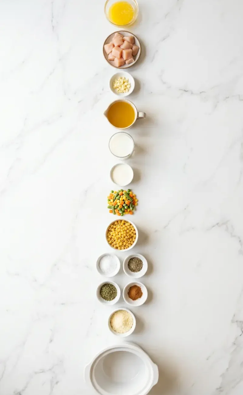 Exploded view of all 14 ingredients for slow cooker chicken pot pie pasta arranged vertically on white marble