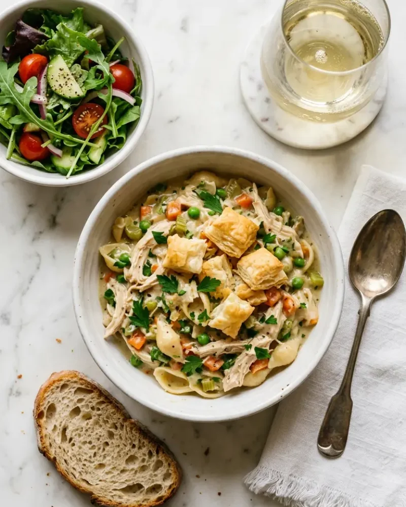 Overhead view of slow cooker chicken pot pie pasta served with salad and bread