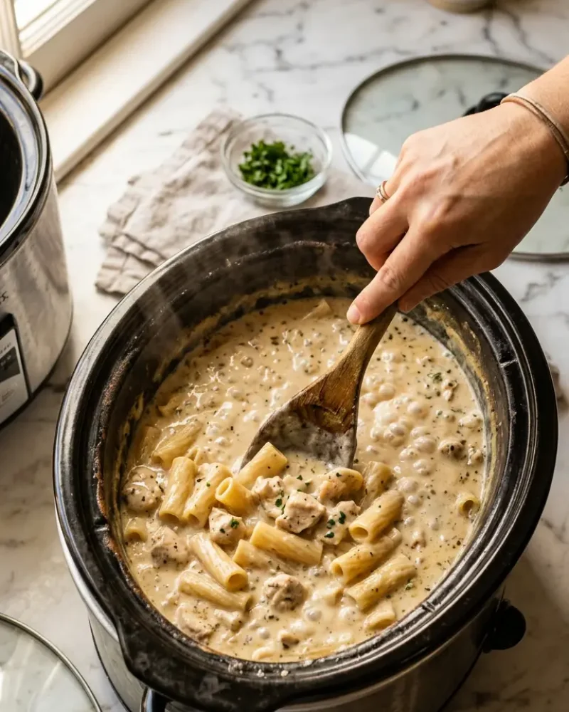 Stirring creamy pasta and chicken in slow cooker