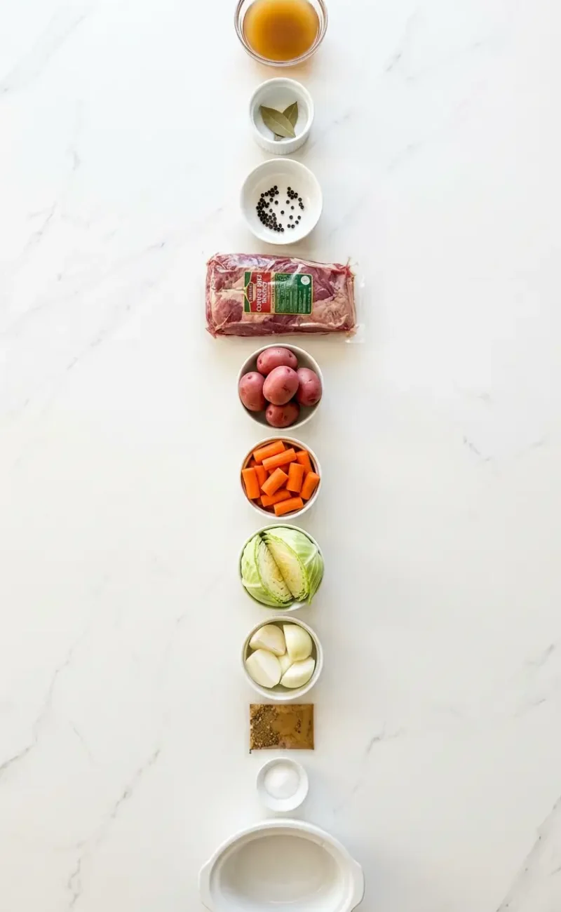 Exploded view of all 10 ingredients for slow cooker corned beef and cabbage arranged vertically on white marble