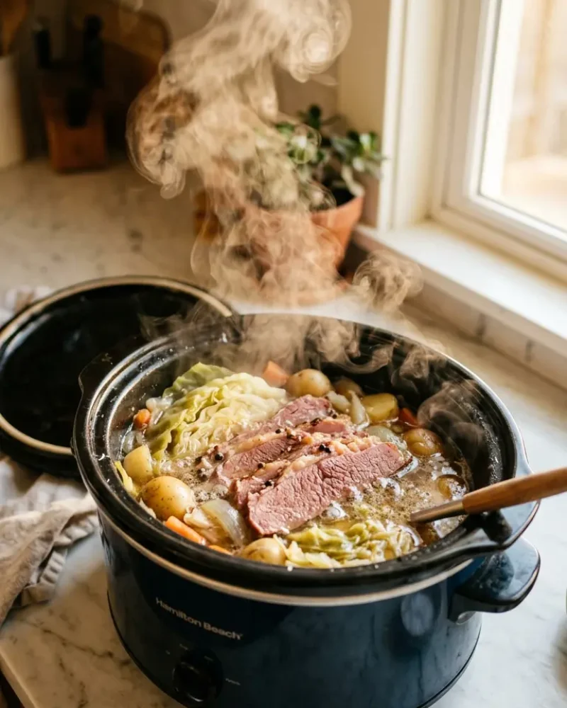 Steam rising from slow cooker with tender corned beef and vegetables during cooking