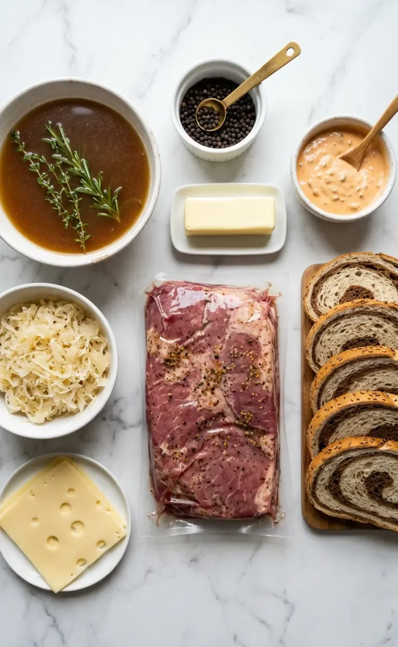 Overhead flatlay of all slow cooker corned beef Reuben sandwich ingredients arranged in white bowls