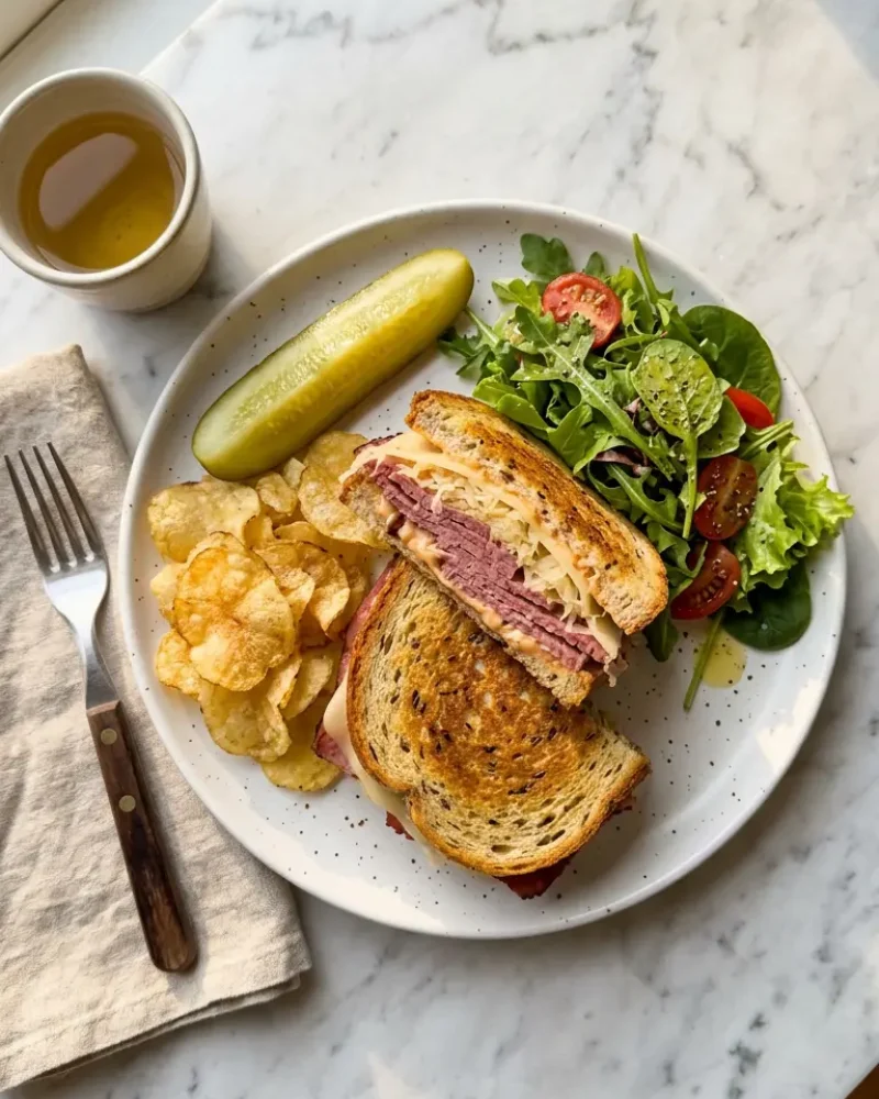Overhead view of slow cooker corned beef Reuben sandwich served with pickles, chips, and salad