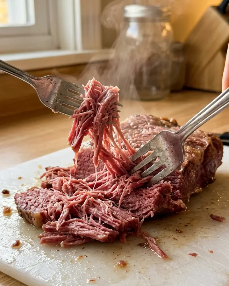 Close-up action shot of shredding tender corned beef with two forks during slow cooker Reuben preparation