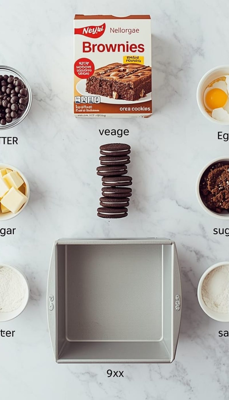 Exploded view of all ingredients for slutty brownies arranged vertically