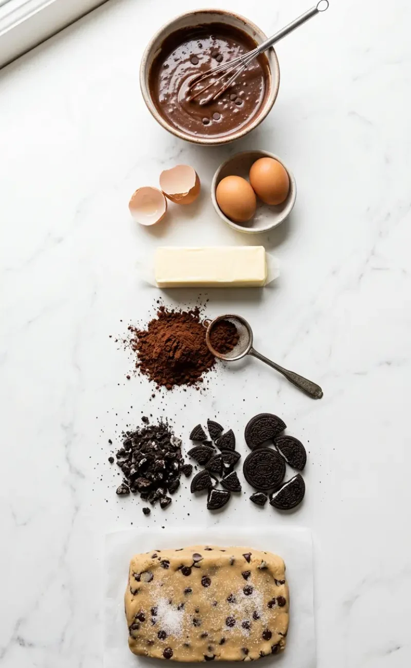 Exploded view of all ingredients and layers for slutty brownies arranged vertically