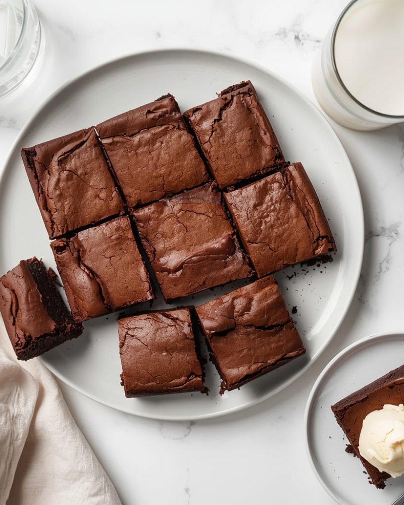 Overhead view of slutty brownies with cookie dough and a glass of milk