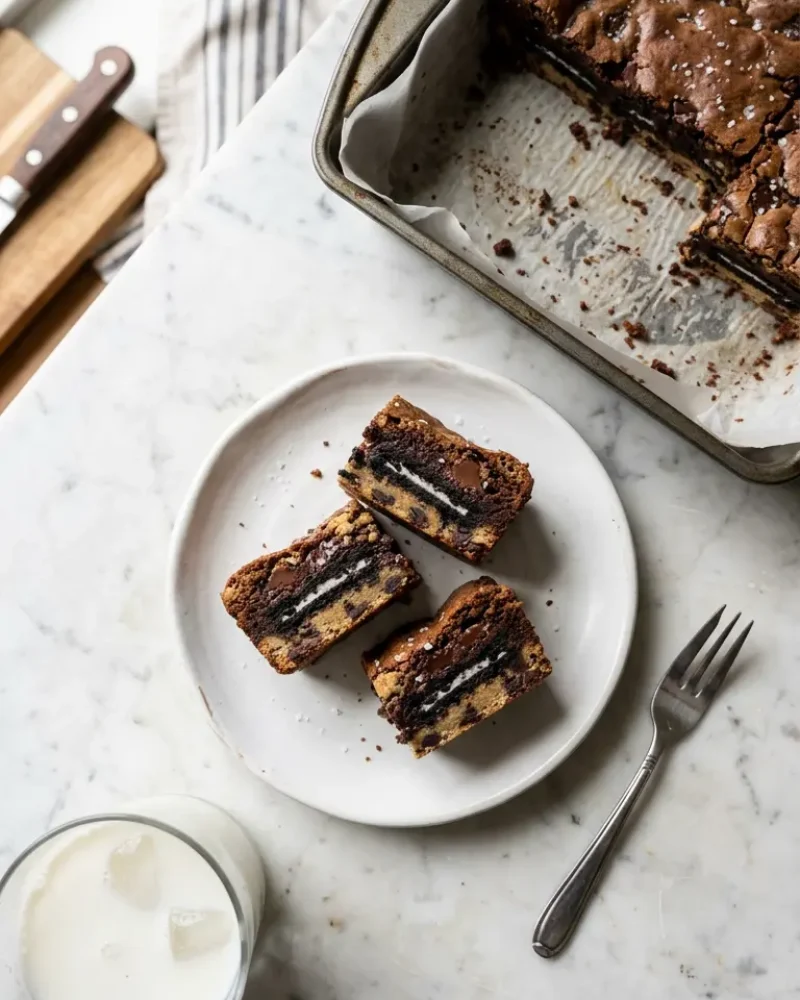 Overhead view of fresh slutty brownies served with cold milk