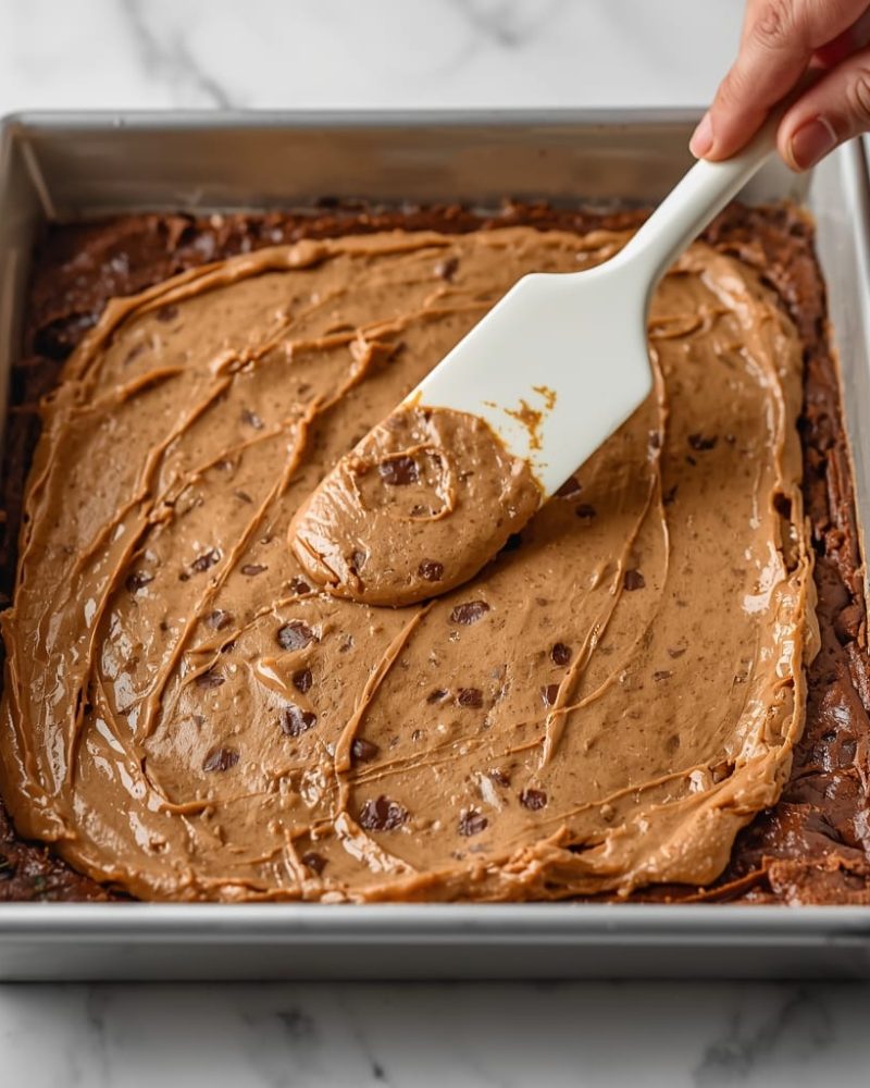 Spreading cookie dough layer over brownie base during preparation