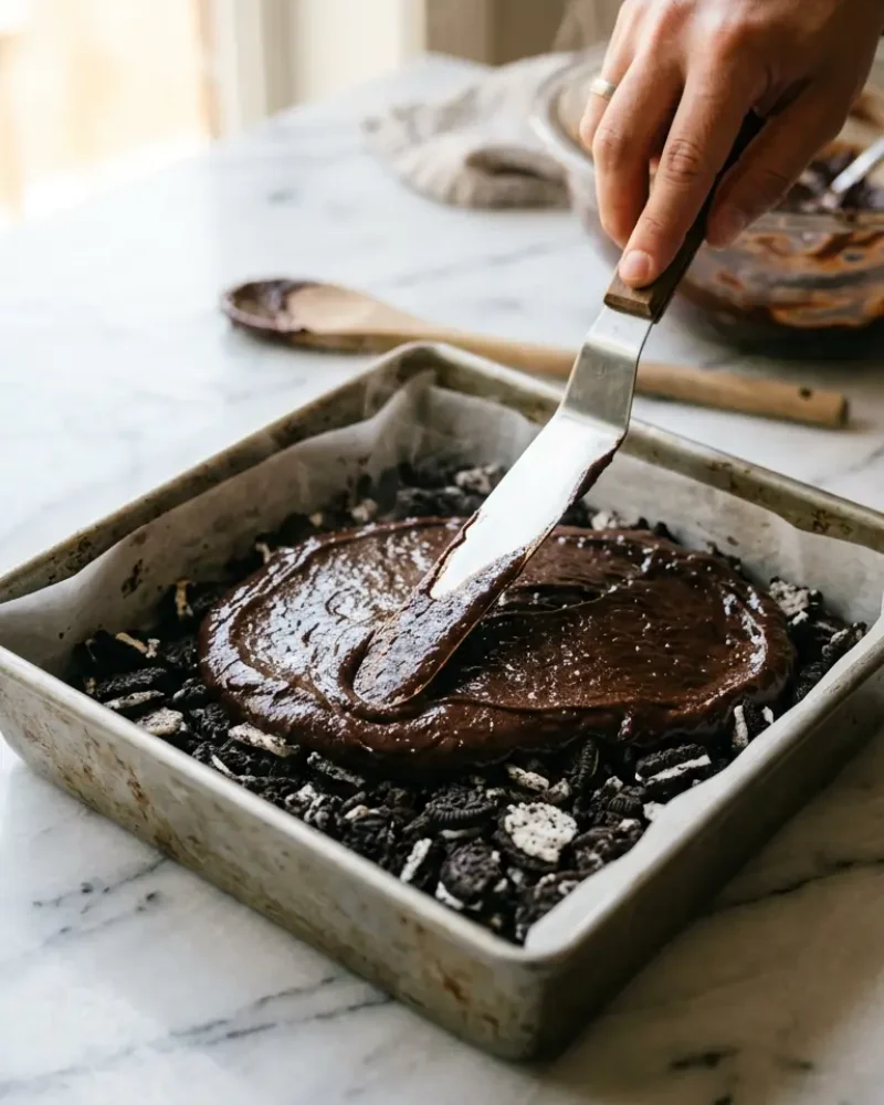 Spreading brownie batter over Oreo layer during slutty brownies preparation